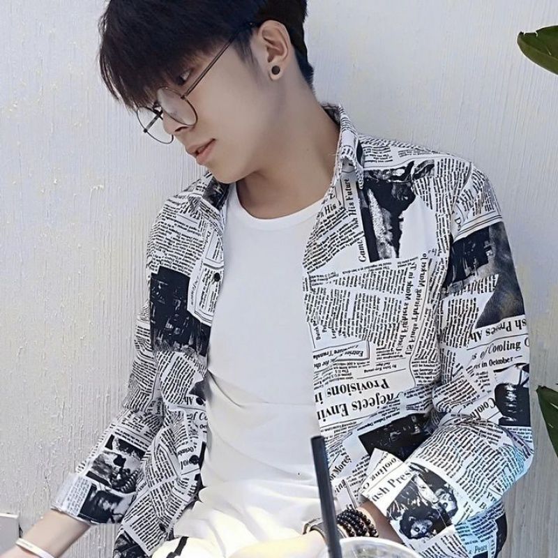 Newspaper Print Shirt, Unisex And Handsome Clothes, Women's Thin Coat
