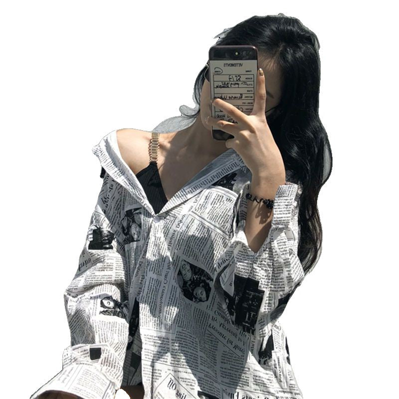 Newspaper Print Shirt, Unisex And Handsome Clothes, Women's Thin Coat