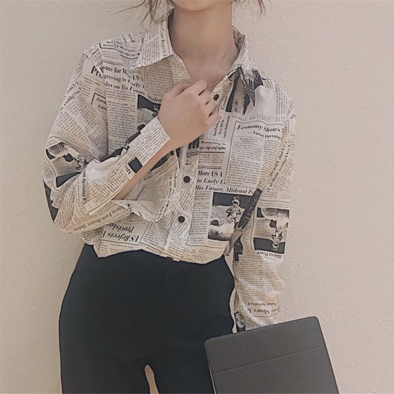 Newspaper Print Shirt, Unisex And Handsome Clothes, Women's Thin Coat