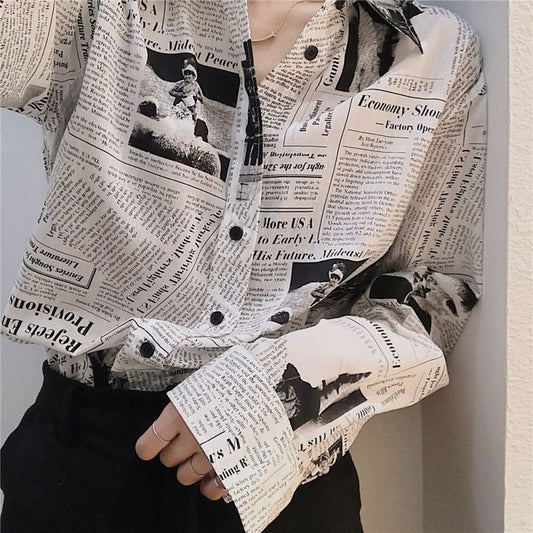 Newspaper Print Shirt, Unisex And Handsome Clothes, Women's Thin Coat